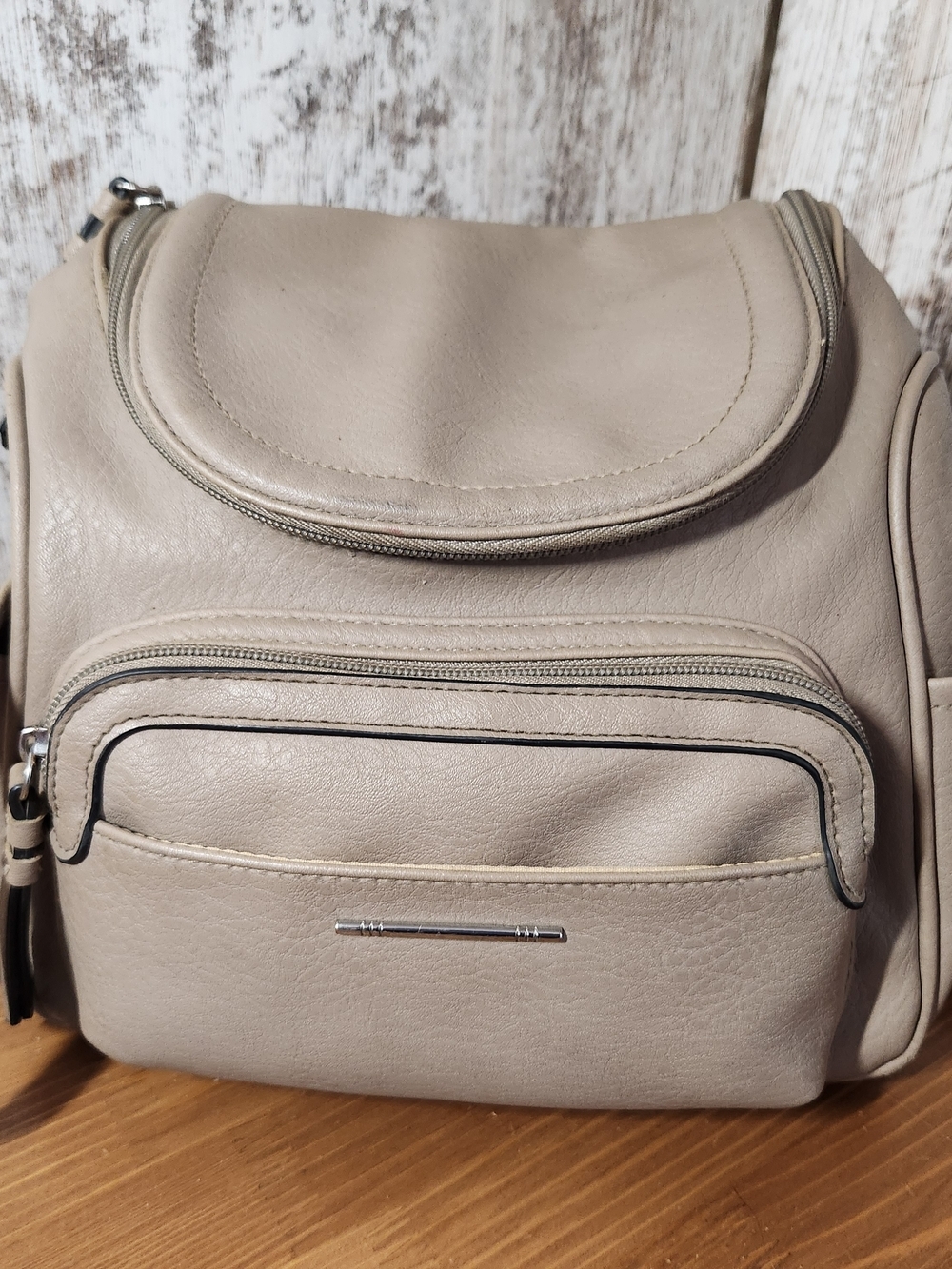 Neutral Beige Stone Crossbody Bag Silver Hardware Converts To Backpack Pockets